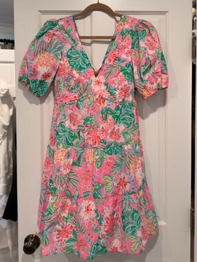 Lilly Pulitzer Pink Tropical Floral V-Neck Puff Sleeve Dress
